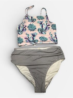 Cupshe High Waisted Swim Suit Set w/ Adjustable Lace Up Succulent Top Size Large